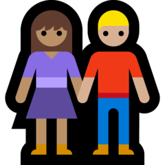 Come Uomo e donna che si tengono per mano: carnagione olivastra e carnagione abbastanza chiara emoji appare su Microsoft.