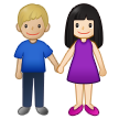 Cómo se ve el emoji Mujer y hombre de la mano: tono de piel claro y tono de piel claro medio en Samsung.