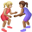 A quoi ressemblent les emoji Lutteuses : peau moyennement claire et peau légèrement mate sur Samsung.