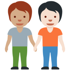 Hoe Personen hand in hand: getinte huidskleur, lichte huidskleur emoji eruit ziet op Twitter.