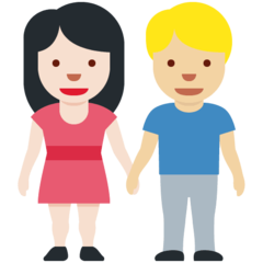 Cómo se ve el emoji Mujer y hombre de la mano: tono de piel claro y tono de piel claro medio en Twitter.