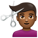 How Man Getting Haircut: Medium-Dark Skin Tone emoji looks on Whatsapp.