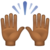 Bagaimana Raising Hands: Medium-Dark Skin Tone emoji terlihat di Whatsapp.