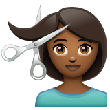 How Woman Getting Haircut: Medium-Dark Skin Tone emoji looks on Whatsapp.