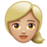 Hoe Vrouw met blond haar: lichtgetinte huidskleur emoji eruit ziet op Whatsapp.