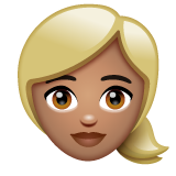 Hoe Vrouw met blond haar: getinte huidskleur emoji eruit ziet op Whatsapp.