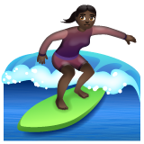 Hoe Vrouwelijke surfer: donkere huidskleur emoji eruit ziet op Whatsapp.