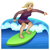 Hoe Vrouwelijke surfer: lichtgetinte huidskleur emoji eruit ziet op Whatsapp.